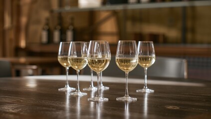 Assorted white wine glasses set up for blind degustation, emphasizing tasting process