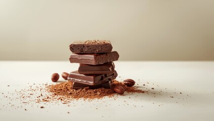 Chocolate bar on a plain backdrop highlighting sweet, roasted cacao ingredients for food styling