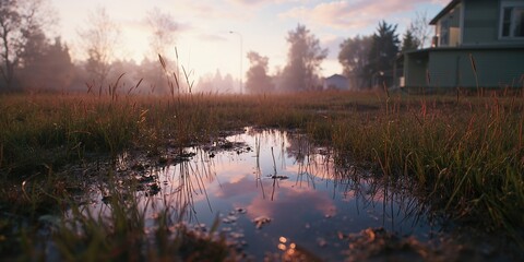 Suburban street with a muddy puddle, emphasizing drainage and landscape management