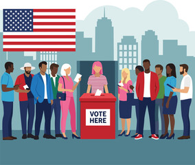 Flat vector illustration of a diverse group of people queuing to cast ballots at a red vote here box with American flag.