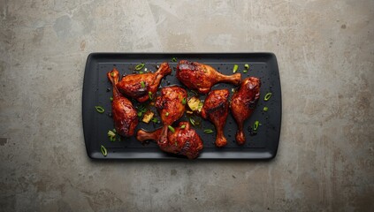 Overhead shot of Jamaican Jerk Chicken pieces on a black serving dish with seasoning ingredients on a textured concrete surface, food handling safety