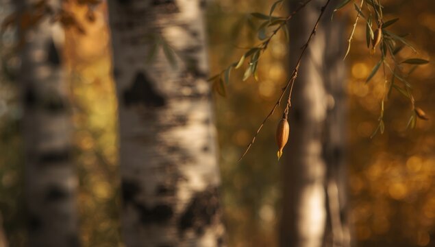 Sunlit willow catkin on a tree branch, highlighting botanical development in spring