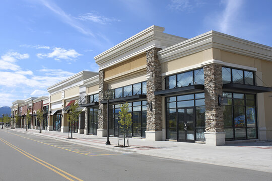 Modern retail strip mall exterior with beige and tan facade featuring stone columns and large glass windows under clear blue sky on sunny day