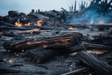 Charred logs and wood debris smoldering with flames and smoke after a devastating fire