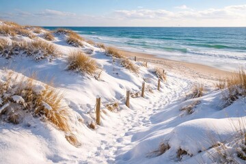 Spring tide beach view emphasizing snow layered on puffed sand dunes