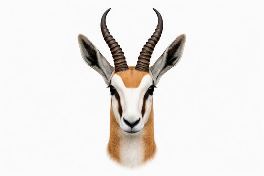 Springbok antelope head centered on crisp white background