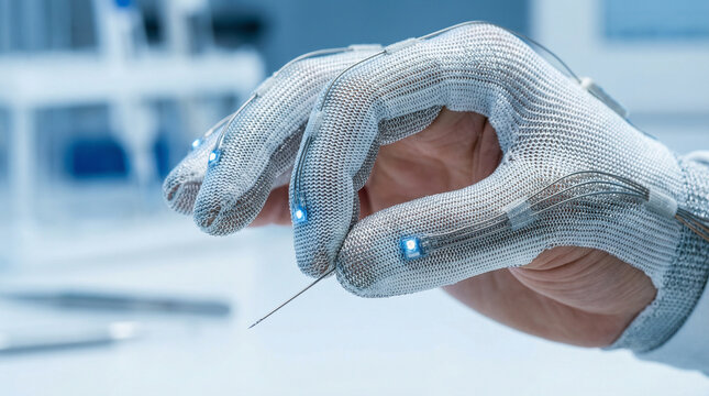 Haptic: Close up of futuristic haptic glove performing precision surgery simulation