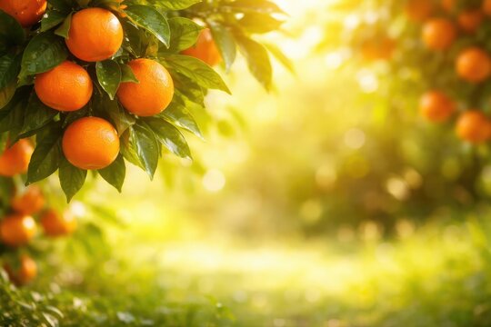 Soft focus photography of ripe mandarin fruits on vibrant tangerine tree with copyspace for text