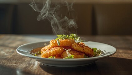 Fried potato rounds with shredded cabbage on dish, focusing on processed carbohydrate and vegetable side