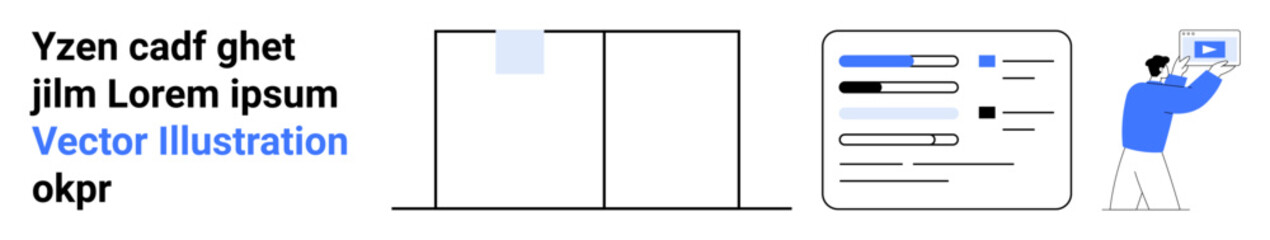 Person pointing at metrics on screen, accompanied by a visual dashboard layout with progress bars and sliders. Ideal for business analysis, tech, education, project planning, design, presentation