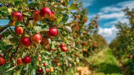 Close Up of Ripe Red Apples Growing on Orchard Tree Branch