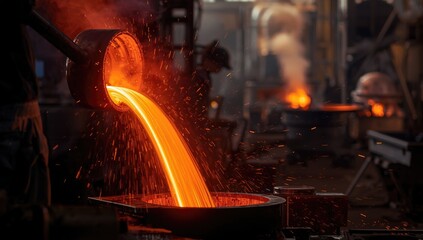 Molten iron flow in a steel manufacturing process, highlighting industrial safety measures
