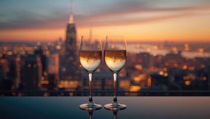 Two white wine glasses with a sunset backdrop, ideal for editorial header backgrounds