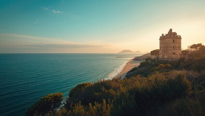 Scenic view of Torre Astura with pine trees and ancient Roman remains along Lazio coast, nature preservation site