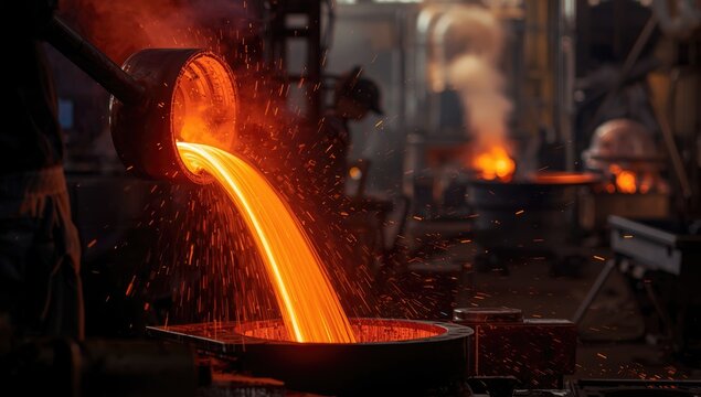 Molten iron flow in a steel manufacturing process, highlighting industrial safety measures
