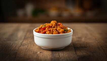 Spicy tomato and bean relish presented in a white bowl on a table, highlighting flavor profile for culinary use
