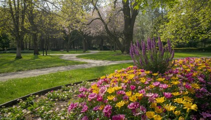 Urban park with blooming flowerbeds during spring, highlighting seasonal horticulture