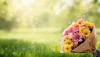 Colorful pink and yellow flower bouquet wrapped in paper, designed for decorative or gifting purposes