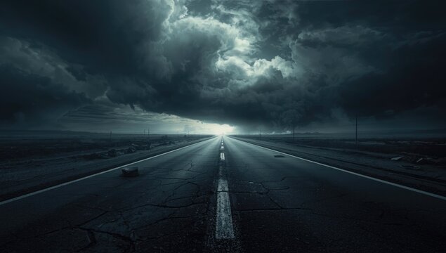 A barren road scene with deteriorated pavement and abandoned infrastructure, Earth Day