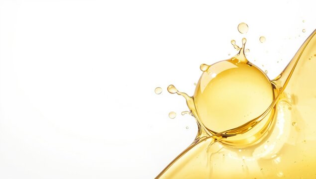 Golden yellow oil or serum bubbles on white background highlighting product purity and formulation process