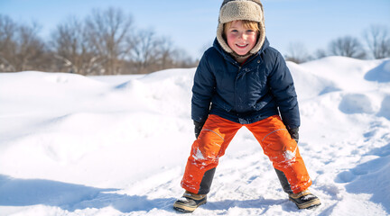 Young boy playing in the snow on a sunny day. Child in blue jacket and orange pants wearing a warm trapper hat. Outdoor winter activity and childhood recreation concept