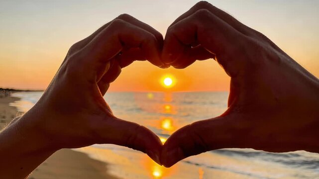Hands forming heart silhouette around sunset valentine beach sea golden sky warm romantic horizon reflection