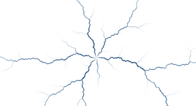 Electric blue lightning bolt pattern branching outwards from a central point isolated on a transparent background - Powered by Adobe