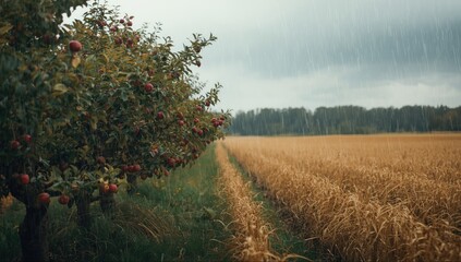 Rural harvest during a rainy autumn day with ripe red apples on trees, highlighting seasonal transition