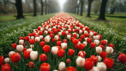 Bed of tulips with vibrant colors, suitable for seasonal floral layout