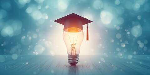 Online education and training using AI and a light bulb with a graduation hat, emphasizing new skill acquisition