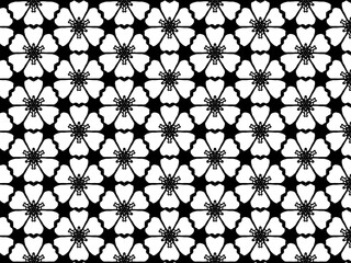 A seamless black and white floral geometric pattern.