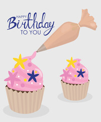 Happy Birthday To You  Illustration with Pink Cupcake at Star Decoration and Piping Bag