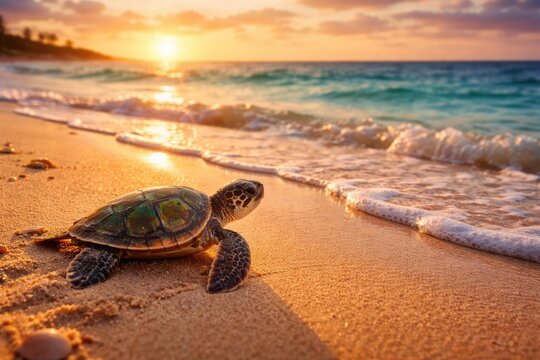 Vibrant young turtle walking on warm shore to ocean