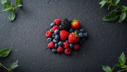 Assorted berries such as strawberries and blueberries arranged on a slate slab, ideal for food photography or layout design, summer, earth day