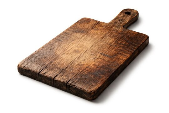 Rustic aged wood cutting board isolated on white background for chef demonstrations