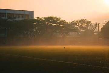 Empty football field at golden sunset with mist and trees creating calm atmospheric sports landscape and peaceful outdoor environment