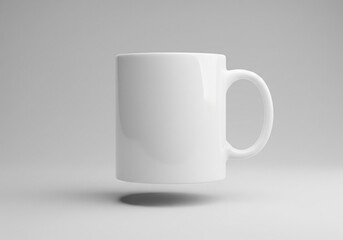 Obraz premium White mug mockup floating above wooden table with natural cafe ambiance