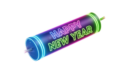 Glowing neon firecracker with happy new year text in purple and green colors isolated on a transparent background