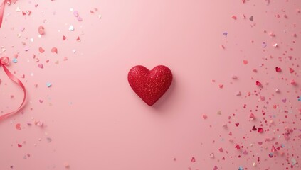 Pink background featuring a red heart as a greeting card element, intended for holiday messages, top view with space for text