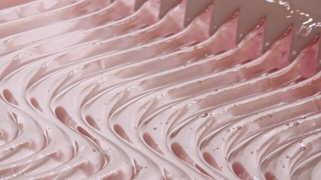 Transparent pink skincare cosmetic gel texture footage. Moisturising waves cream texture motion with spatula. Body care light creamy beauty product smudge closeup. Advertisement of a cosmetic product.