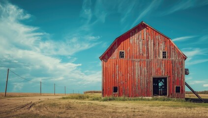 Obraz premium Old barn wall with chipped paint and a shattered window, suitable for layout or editorial headers