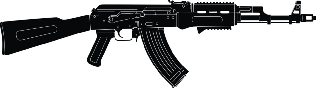 Black assault rifle silhouette, automatic weapon vector illustration, military gun icon, tactical firearm drawing, isolated rifle on white background, armed forces equipment.