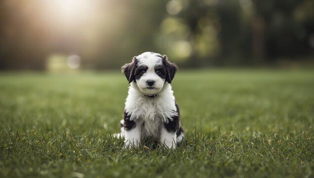 Small black and white BichPoo puppy, suitable for animal care or veterinary signage