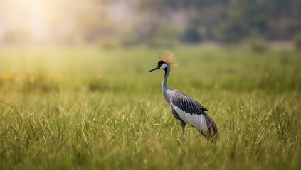 Fototapeta premium Black crested crane perched among summer grass, emphasizing avian habitat preservation, World Migratory Bird Day