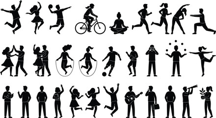Active people silhouettes set, sports, yoga, dance, fitness, music, lifestyle activities, healthy living, exercise poses, illustration collection