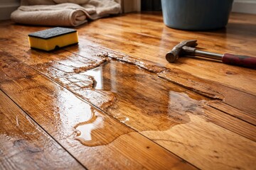 Water accumulation on wooden parquet flooring signaling damage and repair needs
