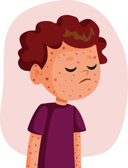 Boy Suffering an Allergic Reaction on the Skin Vector Illustration. Kid full of red dots from a skin disease or an infection condition