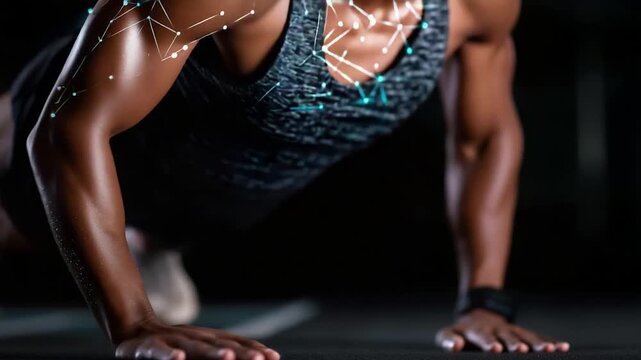 Faceless athlete mid burpee with motion capture points overlay functional training visualization high intens