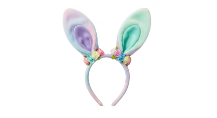 Pastel colored fluffy bunny ears headband adorned with small fabric roses isolated on a transparent background