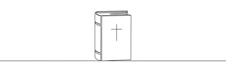 A closed book with a Christian cross on its cover, drawn in a continuous line, symbolizing faith and scripture